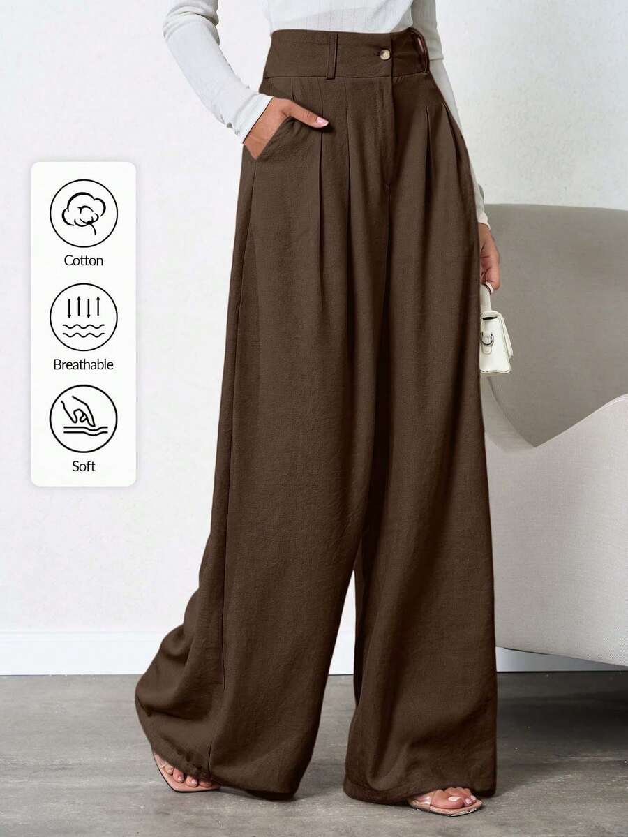 SHEIN Tall 女款純色深褶皺亞麻長褲,適合高個女性 - 棕色 - 查看 1