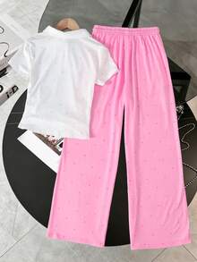 SHEIN Tween Girl 可愛草莓波點印花領口襯衫與長褲 2 件套，洋紅色運動服 - 彩色 - 查看 2