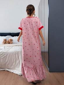Napfluff Women's Cherry Print Color Block Ruffle Trim Short Sleeve Nightgown, Cute Style With Bow Decor - Pink - View 2