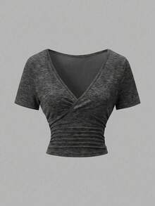 EMERY ROSE Women's Summer Solid Color Overlapping V-Neck Short Sleeve Fitted Casual Holiday Cropped T-Shirt - Dark Grey - View 3
