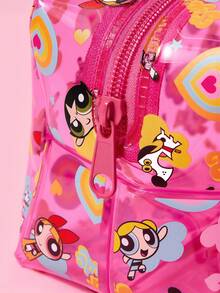 THE POWERPUFF GIRLS X SHEIN 1個大容量卡通角色圖案印花PVC材質化妝包，適合存放化妝品、文具、日常用品、數位產品，完美適用於通勤、上學、旅行，適合所有年齡層，適合學生，花卉、泡泡、毛茛、友誼、愛 - 彩色 - 查看 5