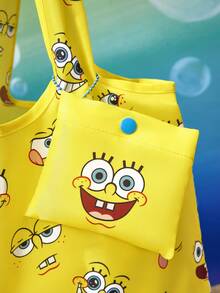 SpongeBob SquarePants | SHEIN 1個可愛卡通印花聚酯纖維材質可摺疊購物袋、托特包，附小收納袋與珠鏈，可掛在包上，度假、水下、海綿、章魚兄弟 - 黃色 - 查看 5