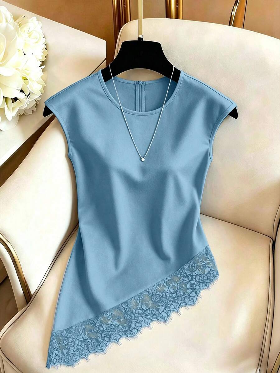 SHEIN Franclia 女款圓領蕾絲拼接休閒百搭日常襯衫 - 藍色 - 查看 1