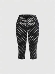 ROMWE Grunge Punk Pantalones Capri Vintage Napoleon con Diseño de Hebilla Metálica y Cinta de Contraste, Cintura Ultra Baja y Estampado de Lunares - Negro - Ver 1