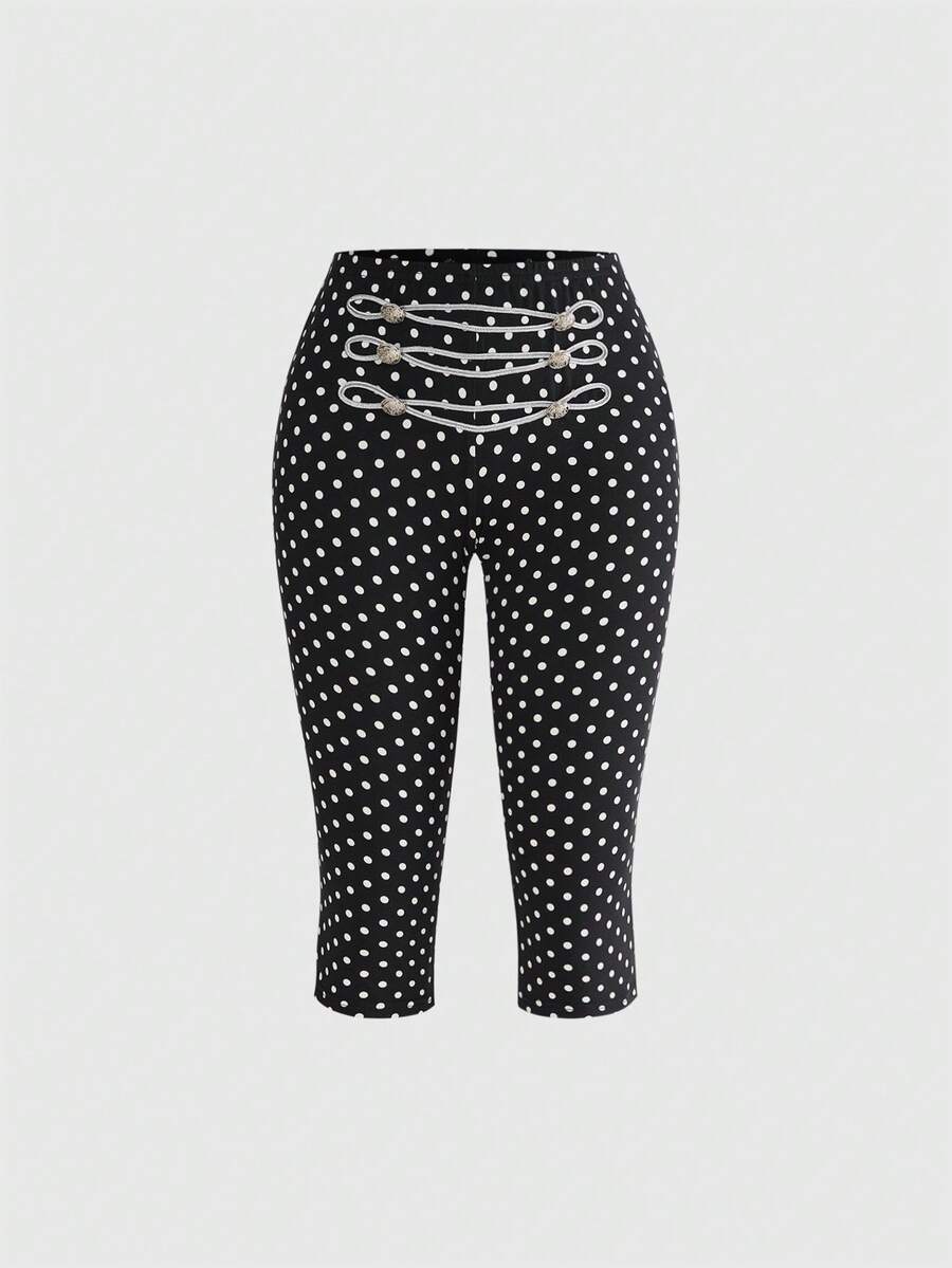 ROMWE Grunge Punk Pantalones Capri Vintage Napoleon con Diseño de Hebilla Metálica y Cinta de Contraste, Cintura Ultra Baja y Estampado de Lunares - Negro - Ver 1