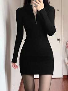 DAZY 女款純色半拉鍊休閒性感日常夜店外出連身裙 秋季 黑色 - 黑色 - 查看 6