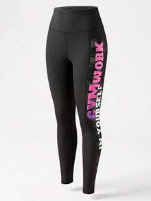 SHEIN Cheerettes Leggings deportivos de cintura ancha con gráfico de eslogan para mujeres, pantalones de yoga - Negro - Ver 2