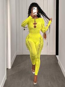 BamGleam 女款素色蕾絲鏤空長袖修身性感連身褲 新年夜舞會度假派對穿搭 - 黃色 - 查看 6