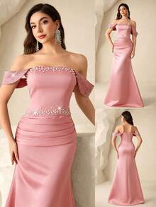 Coutiva Women's Tube Front Beaded + Rhinestone Embellished Bustier Formal Evening Gown (Heavy Workmanship Style) - Pink - View 4