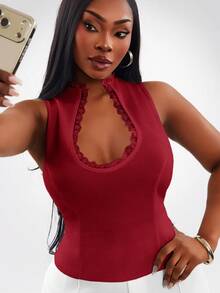 SHEIN SXY Plus Size Women's Lace Trim Cutout Chest Casual Versatile Daily Outing Top - Burgundy - View 7