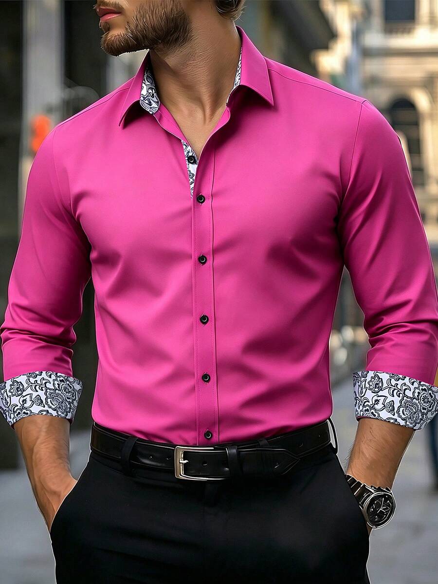 Manfinity Mode Camisa de manga larga con patrón floral de patchwork de un solo pecho (no posicionado), formal para hombre - Rosa Fucsia - Ver 1