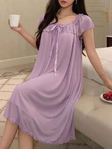 DAZY 甜美輕盈荷葉邊網紗短洋裝夏季女款睡裙 - 淡紫色 - 查看 3
