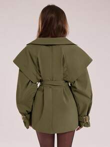 SHEIN BAE 女款時尚通勤素色風衣外套 - 軍綠色 - 查看 2