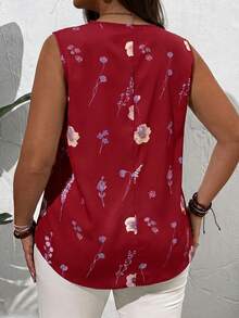 EMERY ROSE Plus Size Summer Countryside V-Neck Floral Printed Summer Sleeveless Blouse, Casual - Burgundy - View 2