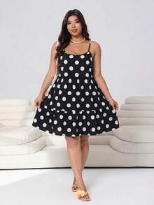 Solflare Plus Size Women's Polka Dot Pattern Ruffle Hem Cami Dress - Black - View 3