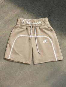 SWAVVY Men's Drawstring Waist Letter & Star Pattern Casual Versatile Daily Travel Shorts - Khaki - View 6