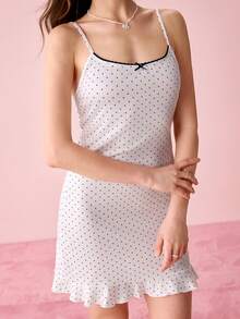 Bonmuse Women's Vintage Polka Dot Slip Dress, Spaghetti Strap V-Neck Nightgown With Ruffle Hem & Bow Accent, Bodycon Fit, Soft Breathable Fabric, Ideal Sleepwear & Loungewear For Cozy Nights & Lazy Days - White - View 8