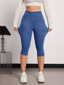 SHEIN Tall 春夏季女款休閒水洗修身七分牛仔褲 - 中等水洗藍 - 查看 3