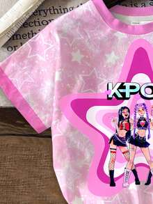女童休閒卡通女團星星印花 K-Pop 超級巨星 紮染短袖 T 恤與短褲 2 件套，適合夏季 - 彩色 - 查看 5