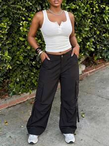 Slaydiva Pantalon cargo femme vintage streetwear noir à poches multiples avec design de ruban, pantalon long décontracté pour le trajet et les vacances - Noir - Voir 4