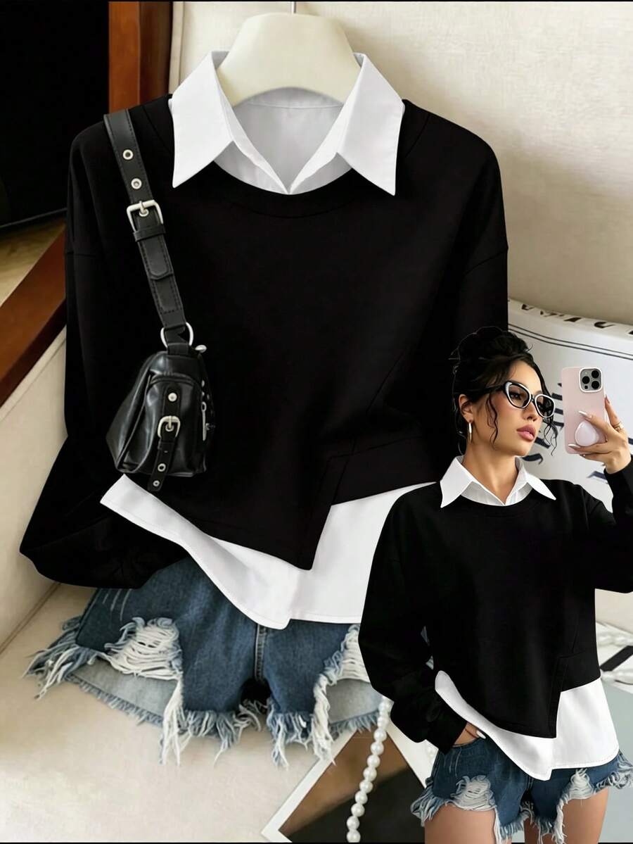 GlowEve CURVE Plus Size Minimalist Casual Versatile Colorblock Women's Sweatshirt Fall - Black and White - View 1