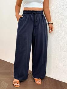 Lounesse Plus Size Women's Solid Color Drawstring Waist Pocket Casual Versatile Everyday Travel Long Pants - Navy Blue - View 3