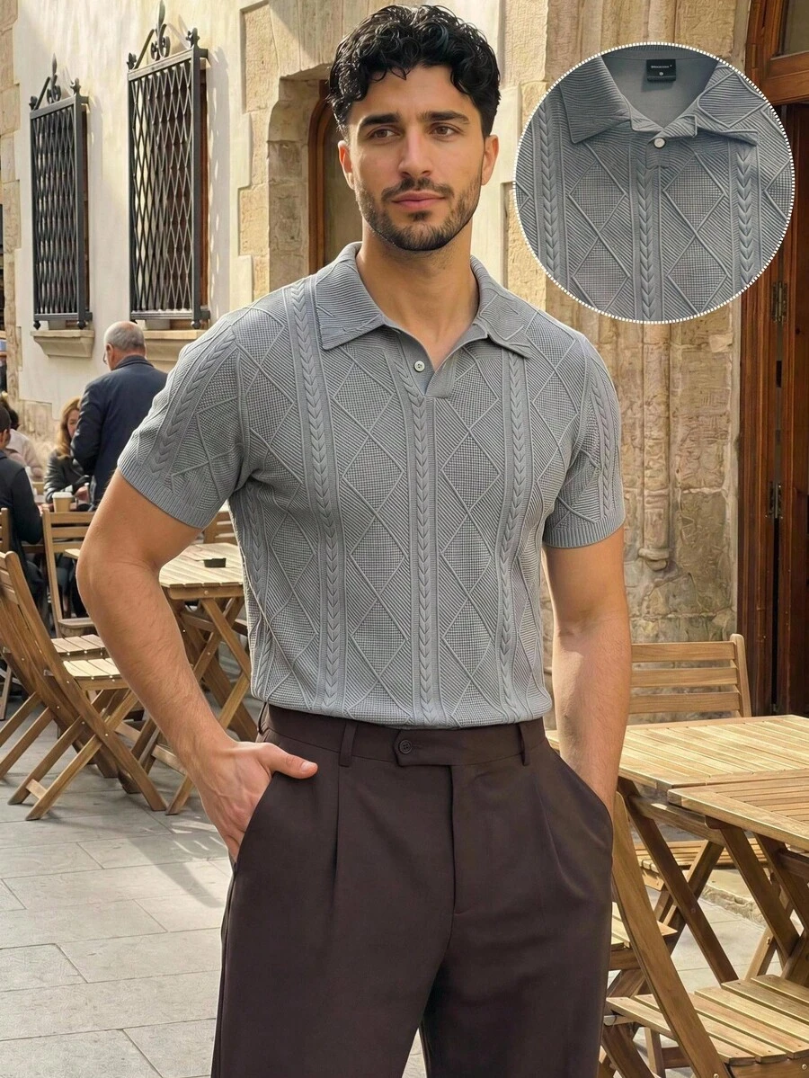 HIMLAND Men's Elegant Solid Color Polo Shirt For Commuting & Daily Wear - Light Grey - View 1
