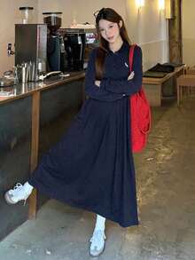 DAZY Women's Casual Summer Mid-Length Dress With Colorblock Embroidery Pattern And Pleated Design Cute Tops - Navy Blue - View 4