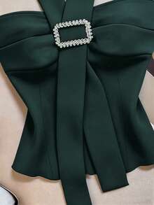 Franclia Atasan Halter Wanita Warna Polos dengan Hiasan Rhinestone, Kasual, Serbaguna untuk Pemakaian Sehari-hari - Dark Green - View 4