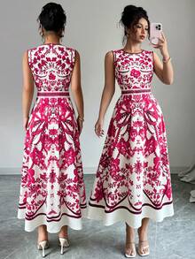 Elenzga Fashionable Sleeveless Full-Print Women's Dress - Red - View 2
