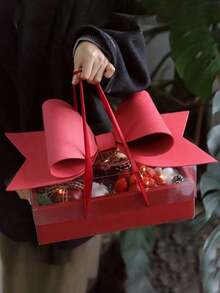 1pc Bowknot Gift Box Set, Durable Plastic & Paper Gift Box With Ribbon Handle, For Gift Wrapping, Floral Packaging, Wedding, Birthday, Valentine's Day, Christmas, New Year, Holiday Party Gift Packaging Supplies - multicolor - View 5