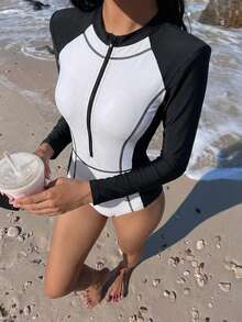 Livesso Women's Colorblock Raglan Long Sleeve Casual One-Piece Swimsuit Summer Beach Outfits - Black and White - View 5