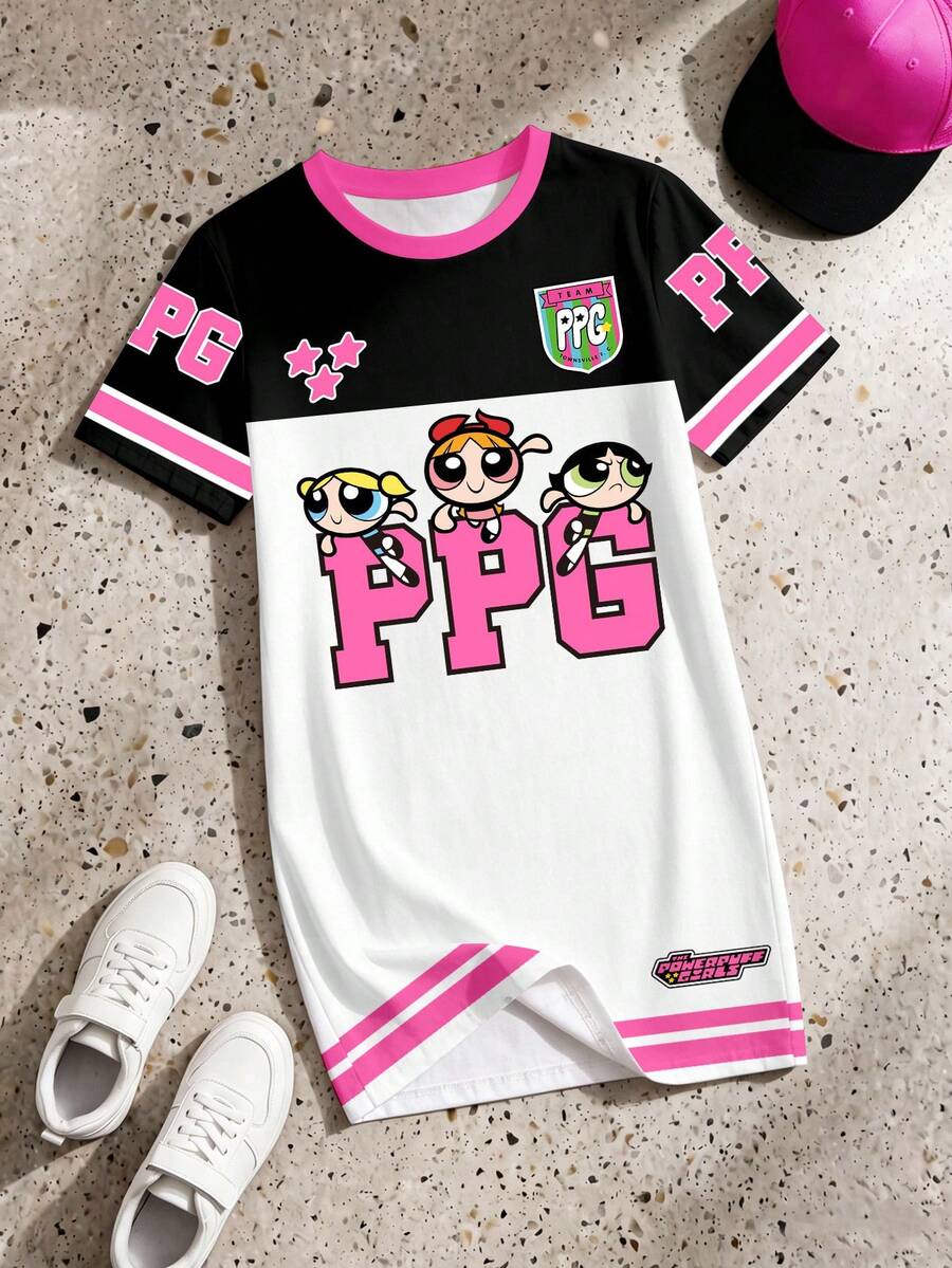 THE POWERPUFF GIRLS X SHEIN GraphicGems 少女休闲日常通勤可爱卡通印花撞色圆领短袖T恤裙,夏季 - 彩色 - 查看 1