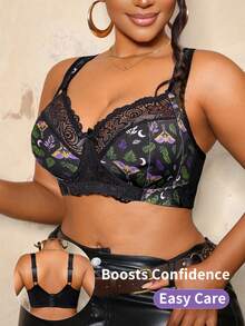 Bare Chapter 1pc Lace Patchwork Animal Print Plus Size Thin Lined Bra - Black - View 4
