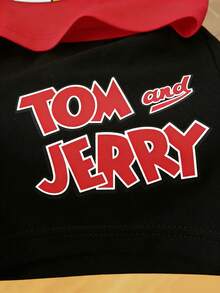 TOM & JERRY X SHEIN GraphicGems 男嬰兩件套可愛卡通角色 Taz 印花柔軟短袖 T 恤短褲套裝 夏季休閒街頭風 紅黑配色 - 紅色 - 查看 3