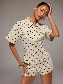 SHEIN BAE 女款圓點翻領短袖上衣與短褲休閒日常牛仔套裝 - 中等水洗藍 - 查看 1