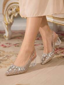CUCCOO TILAWA Women's Crystal Heel Glass Rhinestone Pointed Toe Pink High Heel Pumps, Suitable For Outings, Banquets, Parties And Other Events - Champagne gold - View 9