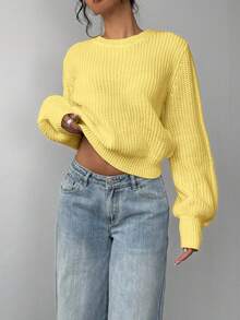 SHEIN BASICS 女款休閒百搭純色針織衫，秋冬款 - Butter Yellow - 查看 3
