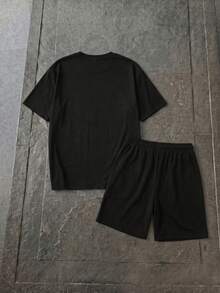 Lornexis Men's Summer Letter & Floral Print Round Neck Short Sleeve Casual T-Shirt And Drawstring Waist Shorts Set - Black and White - View 5