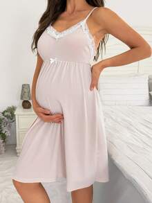 Moonlight&Mama BloomMama Basic Casual Fashion Light Blue Ribbed Fabric White Lace Trim Camisole Nightgown & Robe Maternity Set - Apricot - View 5