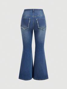 Sweetra Plus Size Button Pocket Casual Denim Flare Pants, Suitable For School, Outings, And Daily Wear - Medium Wash - View 2