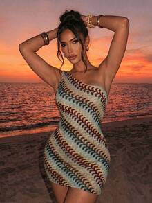 Sirith New Arrival Vacation Sexy Design Asymmetrical Shoulder Cinched Waist Bodycon Mini Dress - Multicolor - View 1