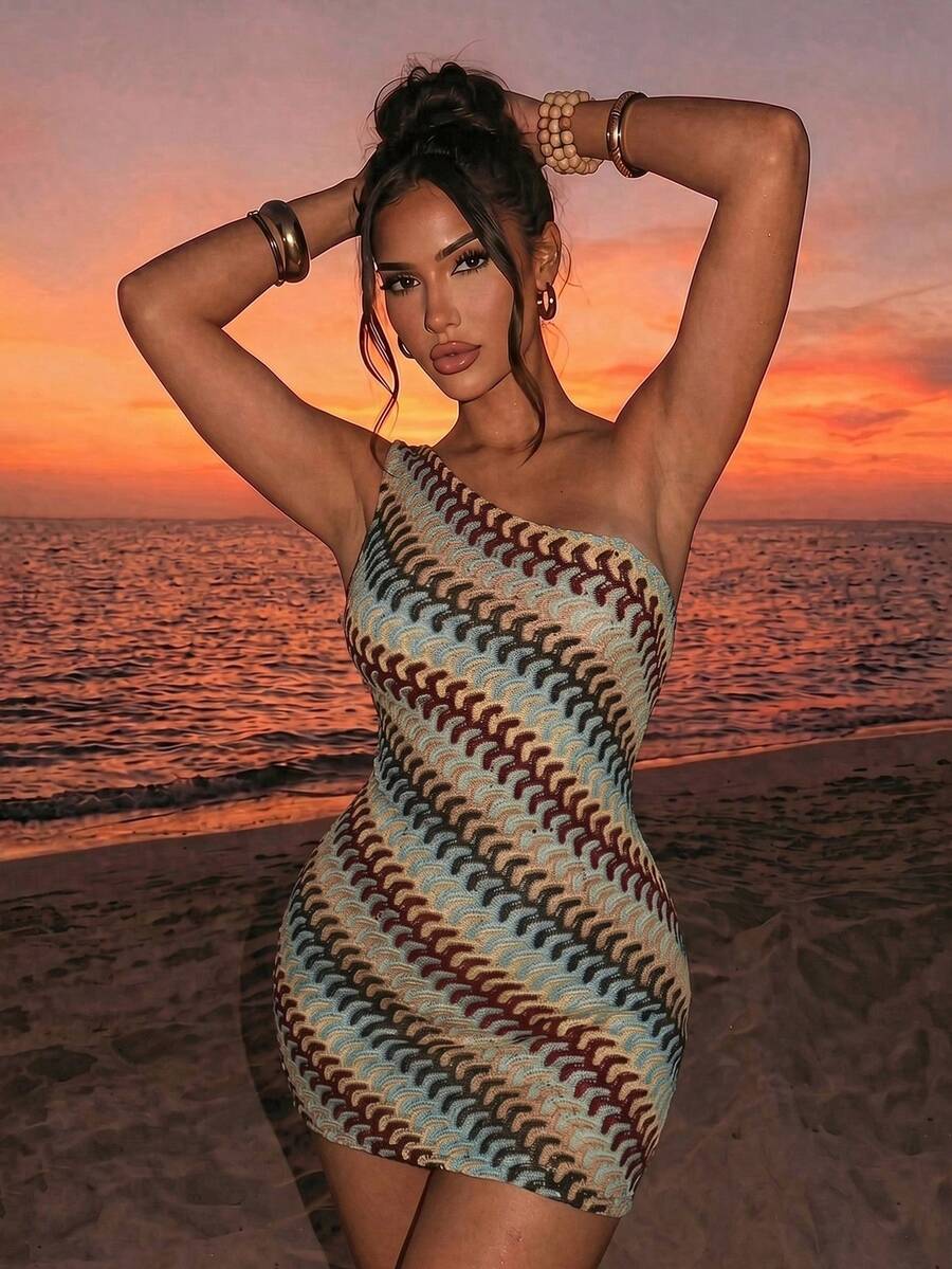 Sirith New Arrival Vacation Sexy Design Asymmetrical Shoulder Cinched Waist Bodycon Mini Dress - Multicolor - View 1