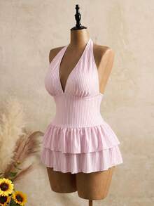 Swim Mod 2026 Neues Sommer Strandurlaub Saison Süßes Damen Rosa und Weiß Gestreiftes Rückenfrei Spaghettiträger Tiefer V-Ausschnitt Doppellagige Rüschen Badekleid, Niedliches Sommer Strand Pool Party Urlaub Einteiliges Große Größen Badekleid - Babypink - Übersicht 5