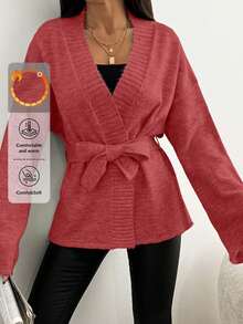 EURMUSE Women's Solid Drop Shoulder Long Sleeve Loose Tie-Waist Casual Cardigan,Petite Cardigans,Cardigans - Dusty Pink - View 1