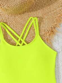 SHEIN Baju Renang Terusan Minimalis Serbaguna Warna Hijau Neon untuk Anak Perempuan Remaja, Cocok untuk Liburan Musim Panas - Kuning - View 3