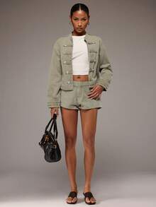 SHEIN BAE Women'S Waist Button Design Casual Denim Shorts Vacation Outfits - Army Green - View 7