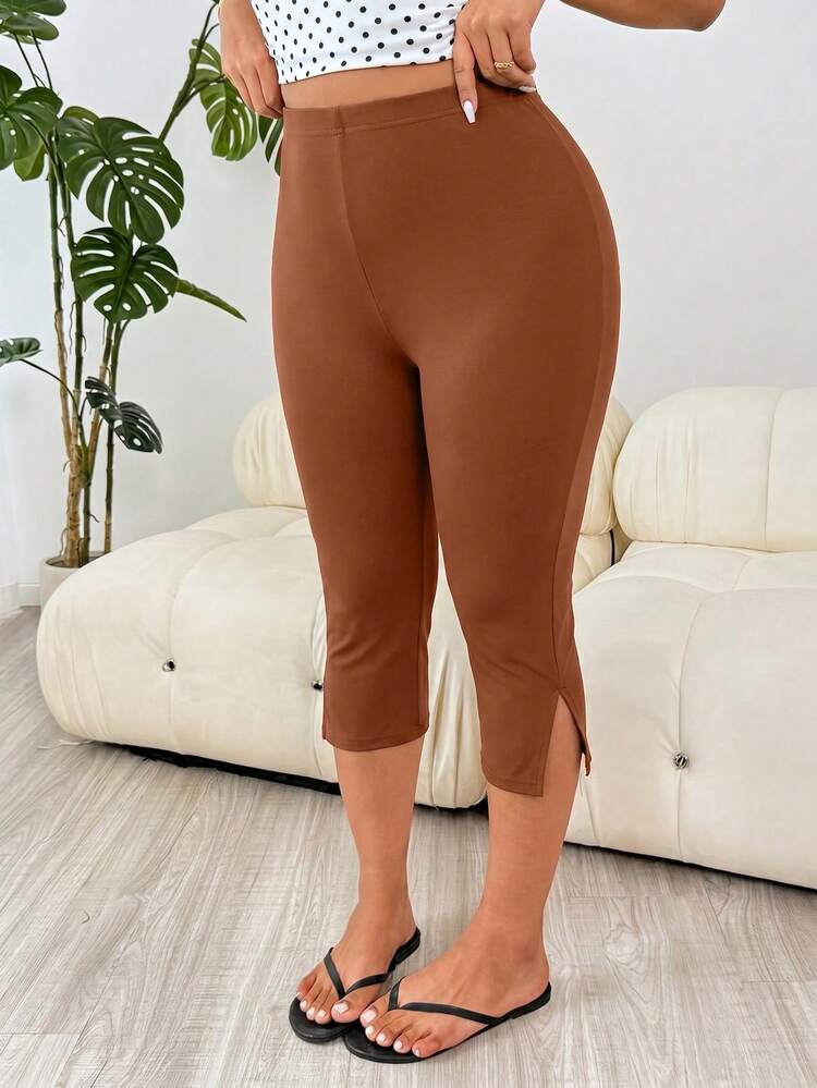 Solflare Plus Size Women's Solid Color Split Hem High Waist Minimalist Stretchy Leggings - Rust Brown - View 5