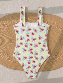 Swim Lushoire Springbreak 女款純色抓皺肩帶極簡風連身泳衣 節慶波希米亞風 - 鵝黃色 - 查看 4
