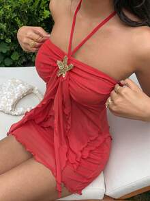 Sunnyshic Women's Spring/Summer Vacation Style Mint Mermaid Blue Floral Metal Buckle Patchwork Elegant Halter Neck Tank Top And Skirt Set Beach Outfit - Red - View 4